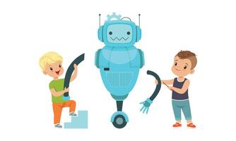 Cute Boys Creating Robot Model Set, Kids Building Robot, Hobby or Future Profession Concept Cartoon Illustration vector