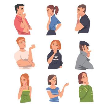 People Thinking or Solving Problems Set, Portraits of Thoughtful Persons with Curious Face Expression Cartoon Illustration vector