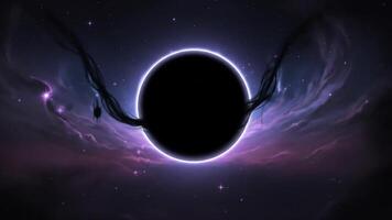 evoluindo cósmico Preto orifício com pulsante aréola e dinâmico Sombrio gavinhas dentro uma estrelado nebulosa video