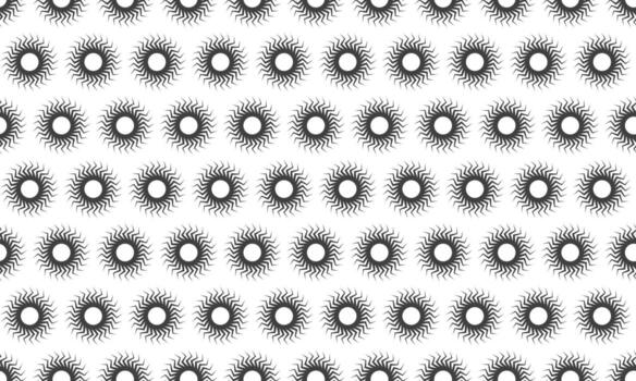Abstract sunburst pattern, repeating geometric design in monochrome. Ideal for backgrounds, textiles, or website design. Represents energy, warmth, and cyclical nature. vector