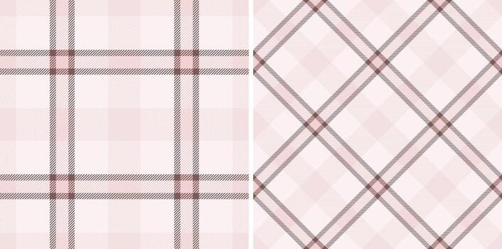 Two pink plaid textile patterns, a classic grid, a diagonal argyle variation. Seamless design. Ideal for backgrounds, fashion, or crafting projects. Soft, elegant. vector