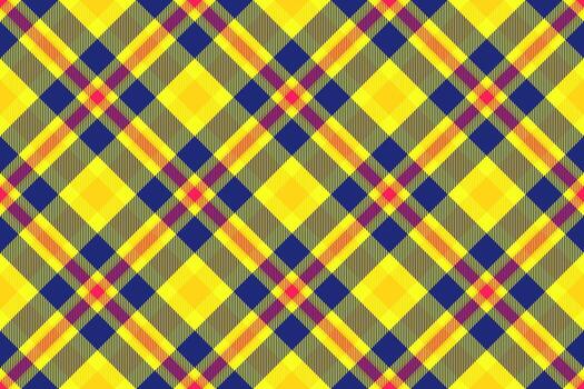 Vibrant plaid pattern with interwoven lines of bright yellow, navy blue, and touches of red. Timeless textile design. Ideal for backgrounds, apparel, and creative projects. vector