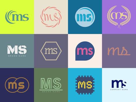 MS logo template. Letter m and s logotype. Set different classic serif lettering and modern bold text with design elements. Initial font typography. vector