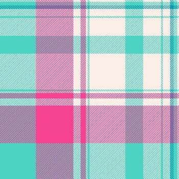 Vibrant plaid pattern with bold pink and turquoise hues creates a striking textile design. Versatile for backgrounds, fashion, or graphic projects. Texture, fabric feel. vector