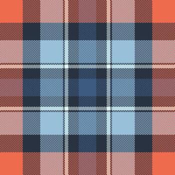 detallado pixelado tartán modelo en blues, naranjas y ropa blanca. un versátil textura para diseño proyectos, antecedentes, o ilustrando tradicional motivos con un moderno girar. vector