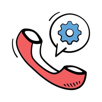 A hand drawn style telephone icon with a speech bubble containing a gear, conveying customer service and technical support. vector