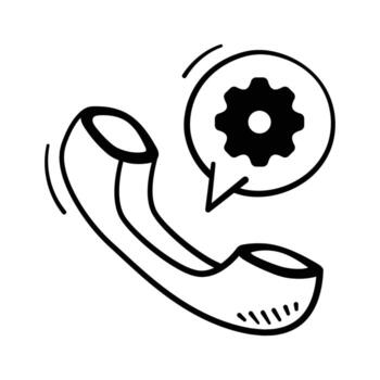 A hand drawn style telephone icon with a speech bubble containing a gear, conveying customer service and technical support.. vector