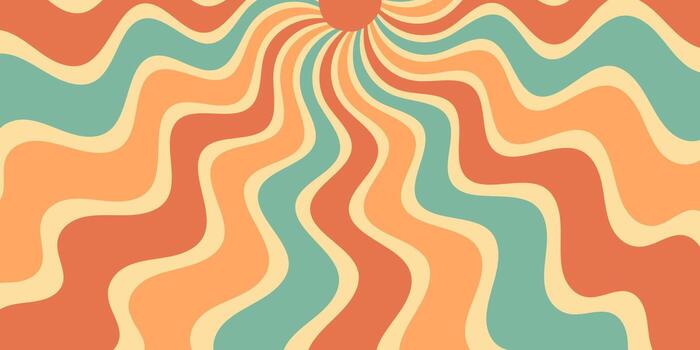 Groovy retro burst background with wavy orange and yellow lines forms bold sunshine and sun in horizontal orientation. Sunshine sun meet y2k graphic style with an energetic, abstract sun burst vector