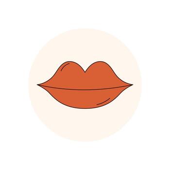 Groovy orange lips in flat retro style add a cool package seal and human symbol with a bold circle sticker. Y2k graphic label for modern product or emblem, eye and trendy. vector