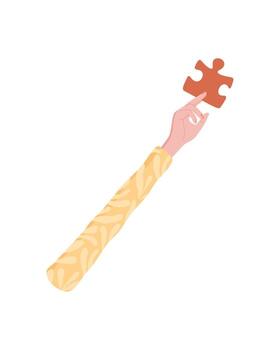 Flat style hand holding a puzzle piece. Raised hand gesture representing support and teamwork. Minimal abstract concept of contribution and giving, ideal for posters, banners, community projects. vector