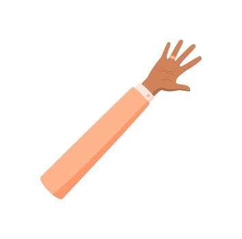 Flat cartoon hand gesture with five fingers up. Palm with number five in signal pose. Arm sleeve, count element shown in simple pose. Suitable for education, math, and announcement materials. vector