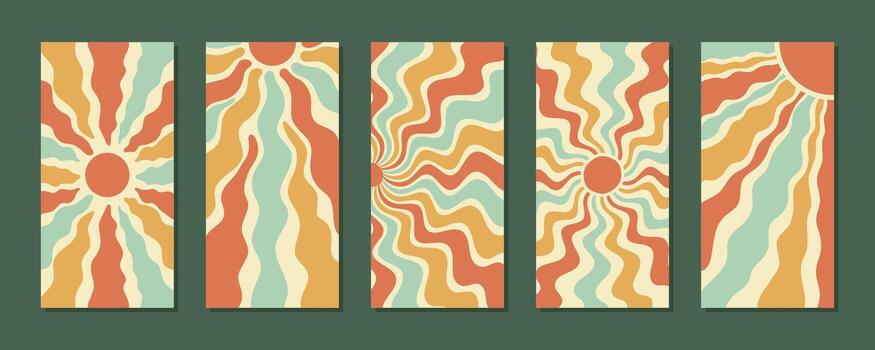 Groovy retro sun burst forms a playful set of orange and yellow vertical shapes. Sunshine and wavy pattern style create bright flat background for a trendy y2k effect, perfect for modern wall art or vector