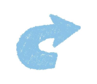 Hand drawn chalk swirl arrow icon and sign in blue sketch style. Swirl symbol with turn and pointer element, expressive rough accent for visual concept in modern icon format. vector