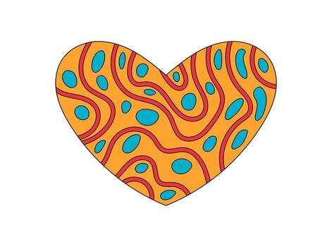 Groovy retro heart with abstract orange and blue pattern and funky swirl shape. Cartoon style forms create a playful y2k groovy element vibe, perfect for modern trendy art projects. vector