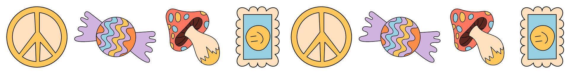 Groovy retro seamless border with wavy hand motif and colorful psychedelic elements pattern. Funky 70s pattern creates a y2k art look as graphic wave art, perfect for modern and creative backgrounds vector