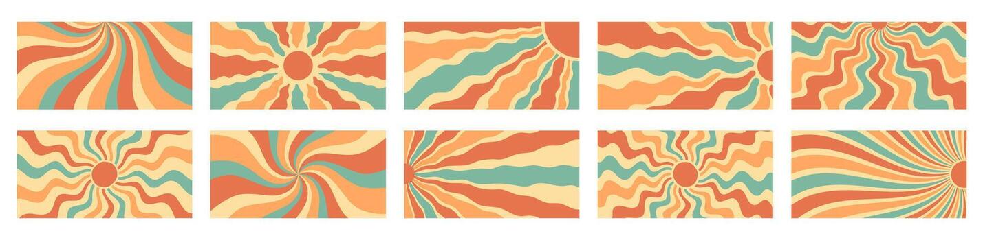 Groovy retro sun burst pattern with swirl and wave in orange and yellow set. Set of sunshine burst background in horizontal style, y2k sun ray shapes create vibrant summer atmosphere. vector