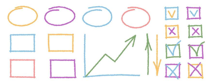 Crayon set of square, rectangle, and oval box sketch with graphic chart outline. Arrow, checkbox, check box and text element create a colorful outline. Modern pastel, isolated hand drawn style. vector