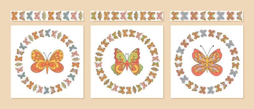 Groovy retro butterfly seamless border set in colorful circle pattern. Floral frame and nature border graphic with y2k style. Collection includes vintage motif for creative backgrounds. vector