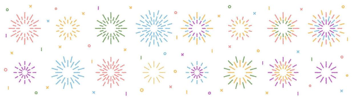 Chalk firework pattern with sparkle element and circle burst in festive style set. Set of starburst with confetti accent celebration on a white background, ideal as party decor or wallpaper. vector