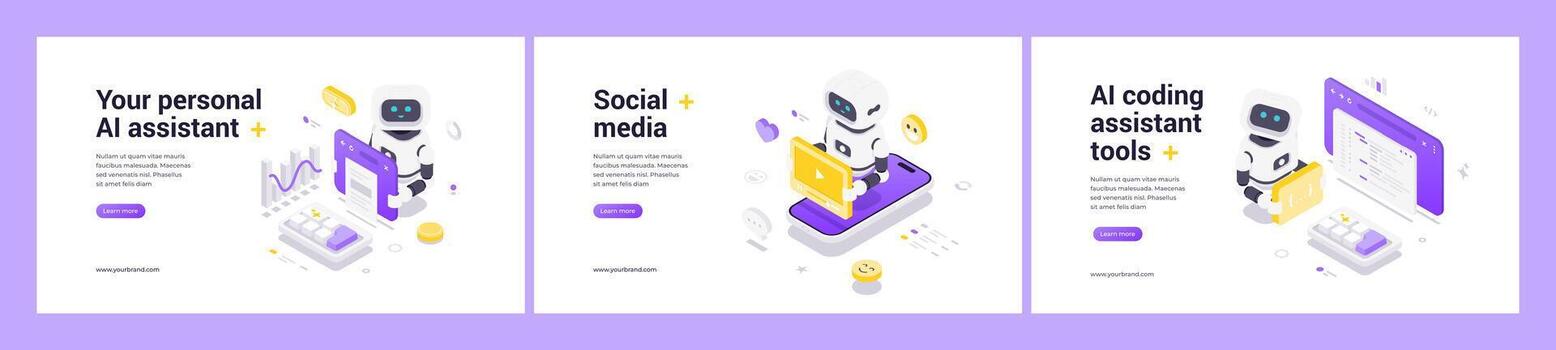 Futuristic Isometric Web Banner Templates Featuring AI Technology For Coding Media And Assistance vector