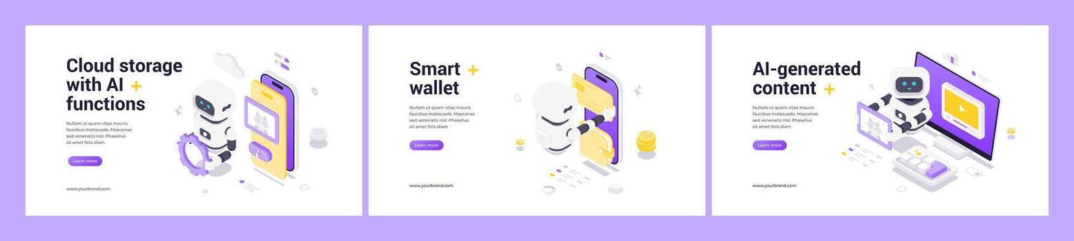 Modern Isometric Web Banner Templates Featuring AI Cloud Storage Digital Wallet And Media Creation vector