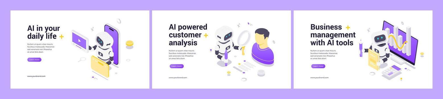 Modern Isometric Web Banner Templates With AI Technology For Business And Data Analysis vector
