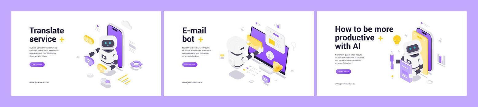 Set of Isometric Web Banner Templates Featuring Translate Service Email Bot and Productivity vector
