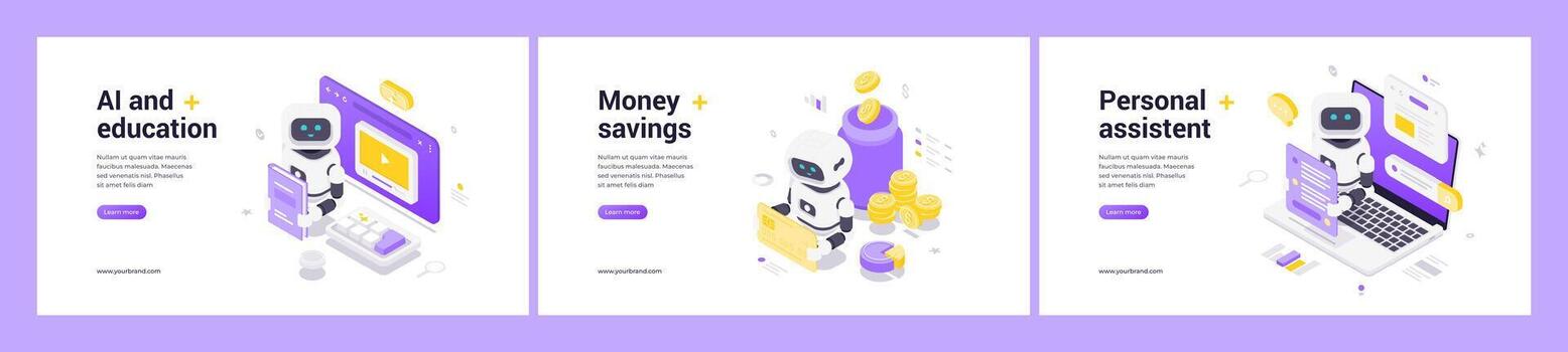 Set of Isometric Web Banner Templates with AI in Education Money Savings and Personal Assistant vector
