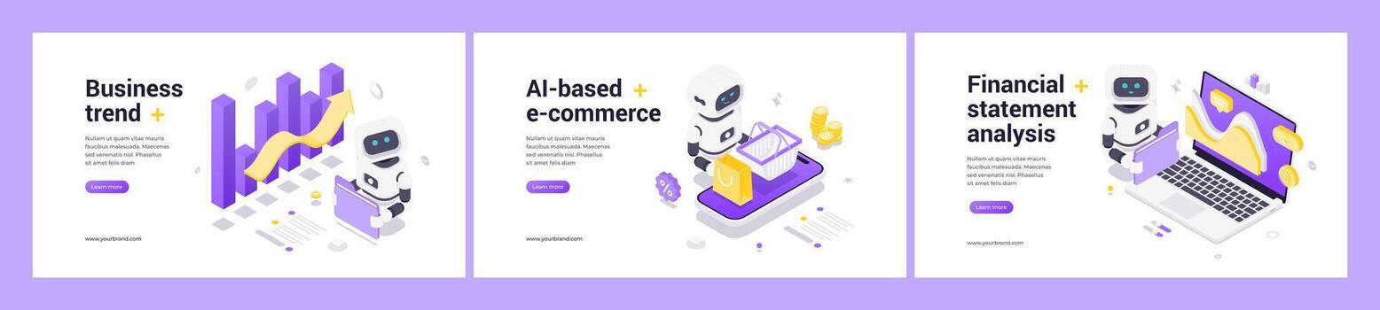Modern Isometric Web Banner Templates Showcasing AI Technology For Business Finance And E Commerce vector