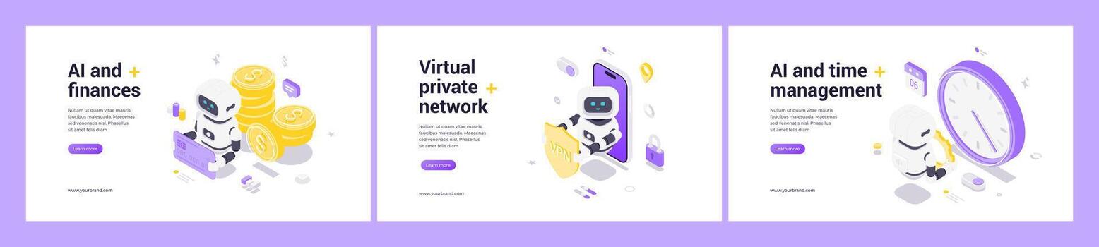 Modern Isometric Web Banner Templates With AI Technology For Finance Security And Time Management vector