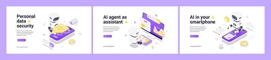 Modern Isometric Web Banner With Artificial Intelligence Robot For Data Security And Mobile Technology vector