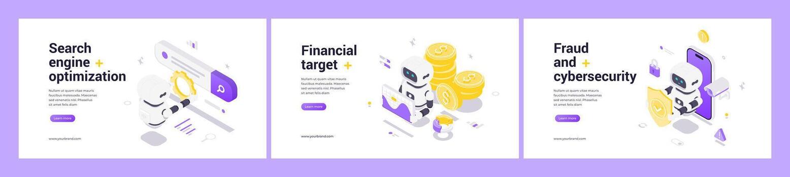 Modern Isometric Web Banner Templates With AI Technology For SEO Finance And Cybersecurity Protection vector