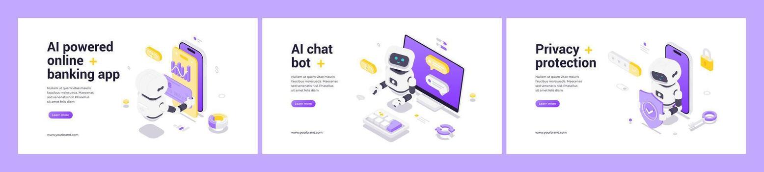 Modern Isometric AI Powered Online Banking Application Chat Bot And Privacy Protection Security Banner vector