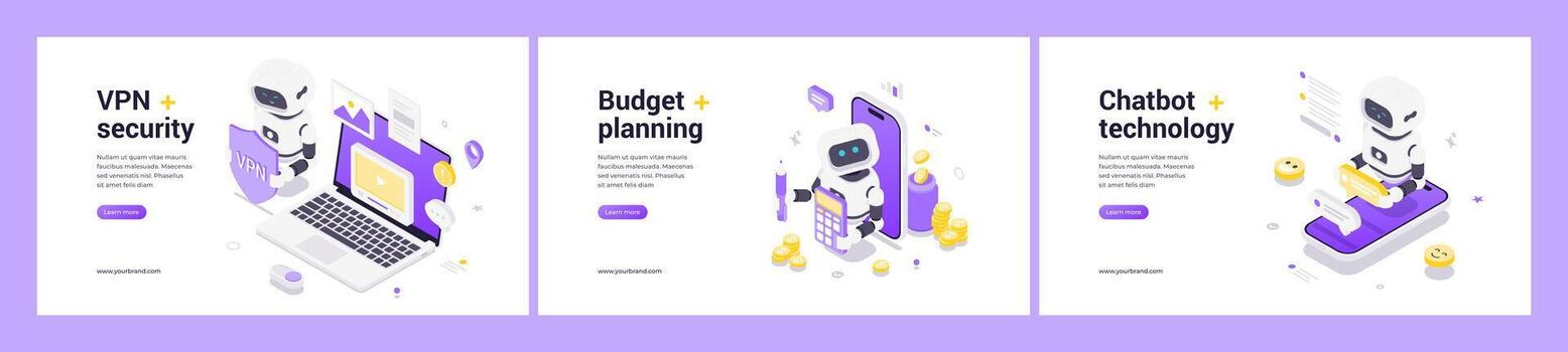 Secure VPN Protection Budget Planning And Chatbot Technology AI Automation Isometric Digital Banners vector