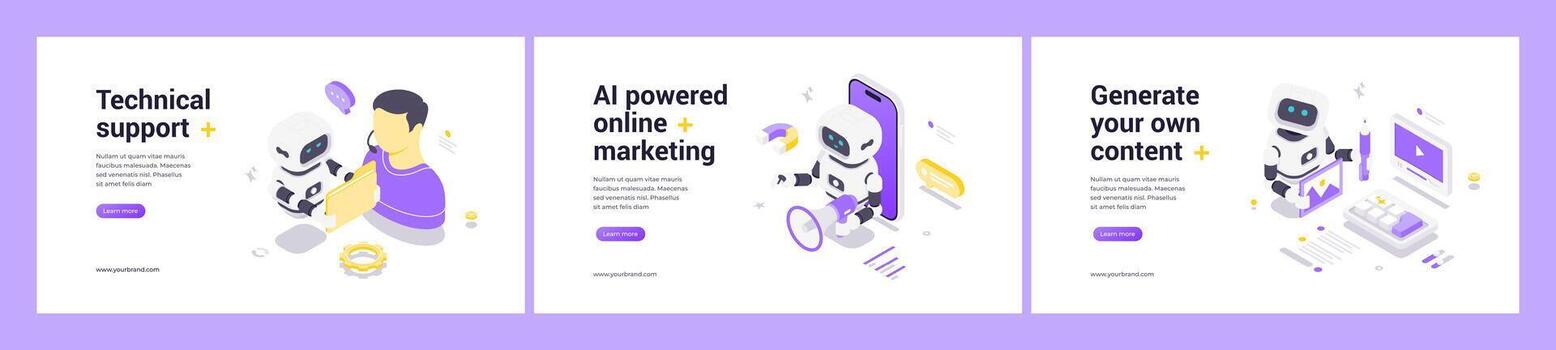AI Powered Technical Support Online Marketing And Automated Content Generation Isometric Digital Banner Set vector