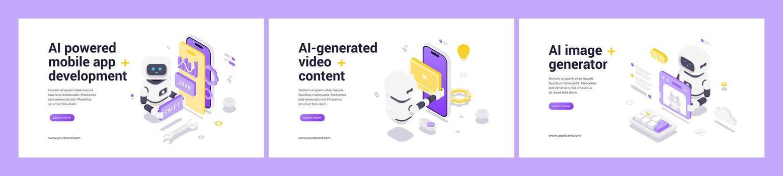 Innovative Isometric AI Mobile App Development Content And Image Generator Automation Banners vector