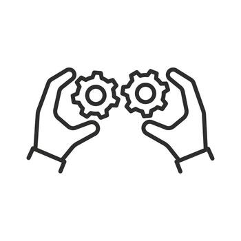 habilidades presentación icono, mecanismo de engranajes en el manos, Delgado línea símbolo editable carrera ilustración vector