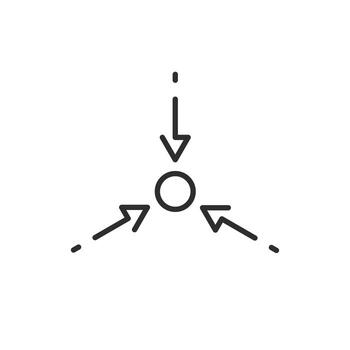 meeting circle icon, three arrows, center point, triple alignment, line symbol on white background editable stroke illustration eps10 vector