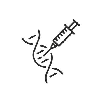 gmo icon, dna helix with syringe injected, genetically modified organism, bioengineering concept, thin line symbol editable stroke illustration vector