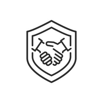 reliability icon, shield with handshake, business protection, thin line symbol on white background editable stroke illustration eps10 vector