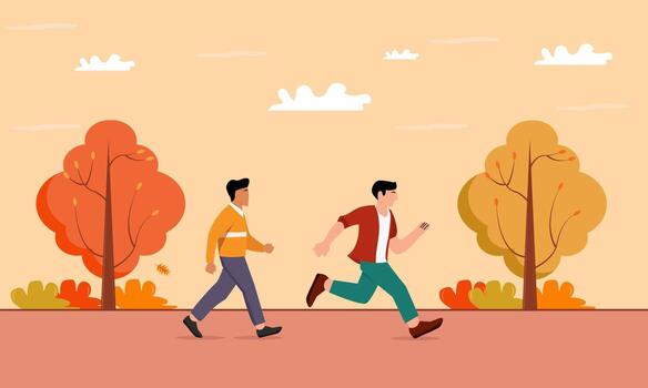 flat illustration of two men enjoying beautiful colorful autumn trees vector