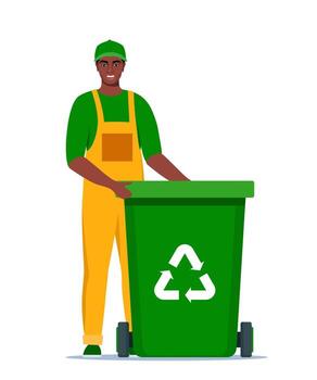 basura hombre en uniforme con verde basura compartimiento y reciclaje símbolo en él. basura clasificación. cero desperdiciar, ambiente proteccion concepto. africano americano hombre obrero. ilustración. vector