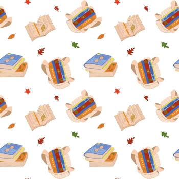 Cute seamless pattern of open books, stack of books and book in open bag hand drawn on white background. Cozy autumn book pattern vector