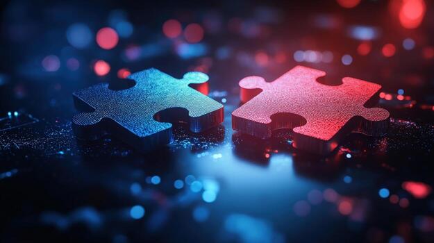 Two puzzle pieces, digitally rendered, in vibrant red and blue hues, merging to create unity, innovation, and strategy photo