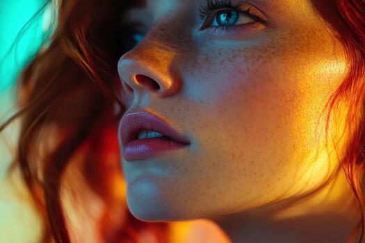 Close-up vibrant portrait of a freckled woman photo