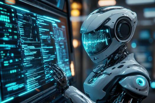 futurista robot interactúa con un grande pantalla mostrando complejo datos foto