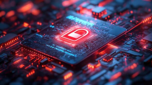 Secure computer chip with a glowing padlock. Complex circuit board with illuminated security symbol photo