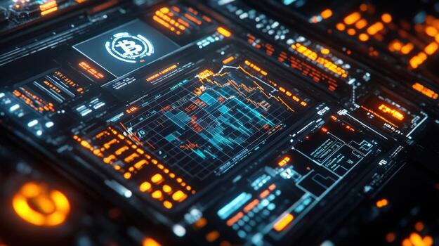 Futuristic digital dashboard with crypto-related data visualizations. Dynamic glowing displays showing market trends and financial data photo