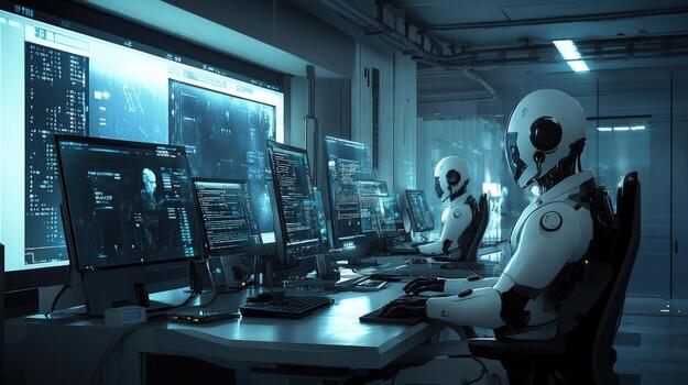 Futuristic robots working in a high-tech command center photo