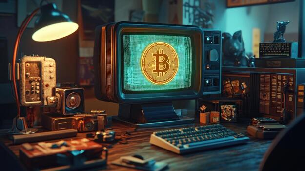 Retro computer displaying Bitcoin photo